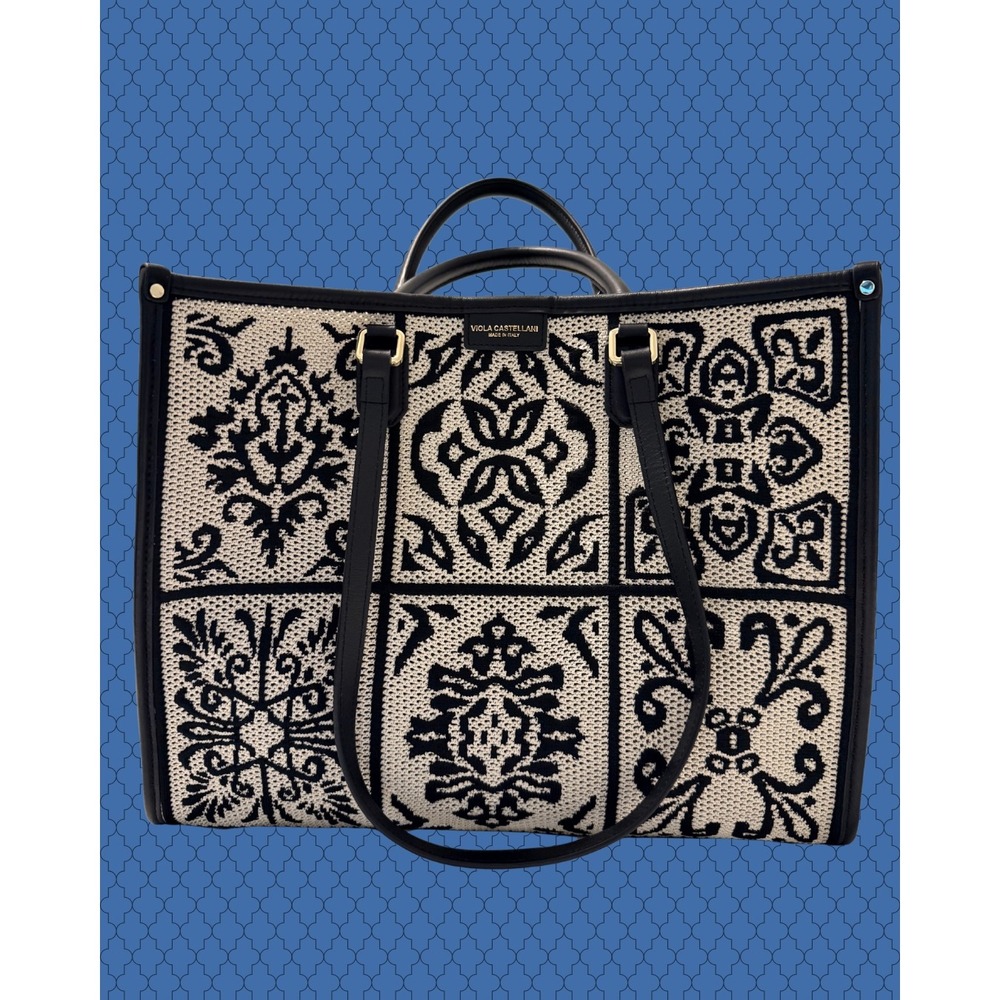 Viola Castellani Atena Crochet Tote Damask Knit Black Cream Leather NWT